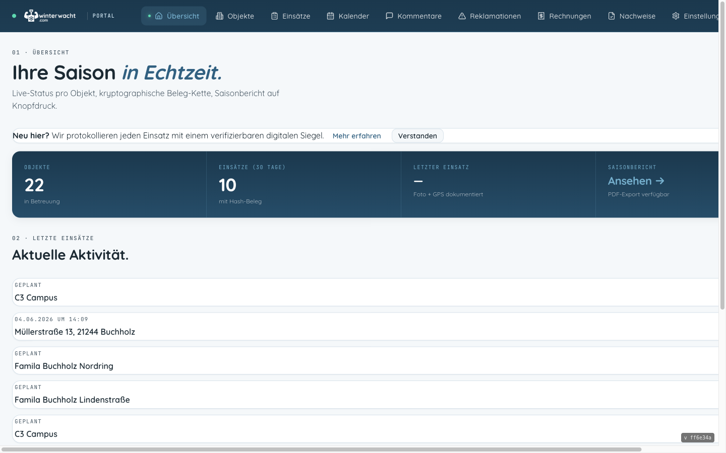 Winterwacht-Kundenportal — Dashboard mit Live-Status, Saison-Statistik und Foto-/GPS-belegten Einsätzen